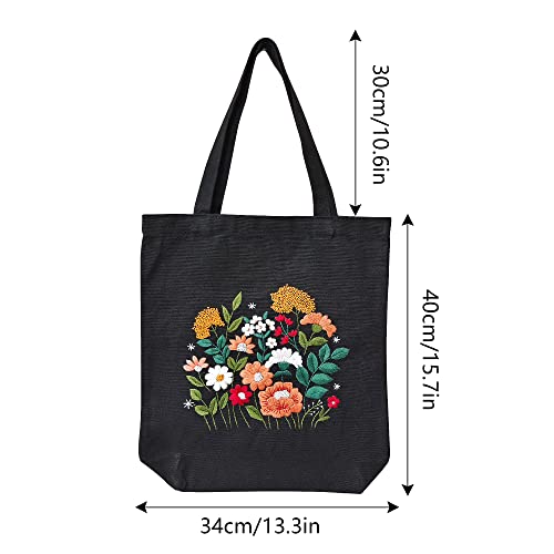 MAMUNU Canvas Tote Bag Embroidery Kit with Pattern for Beginners, Arts and DIY Crafts Kits for Adults, Include Instructions Embroidery Bag, Embroidery Hoops, Color Threads and Tool (Black) - color: Black