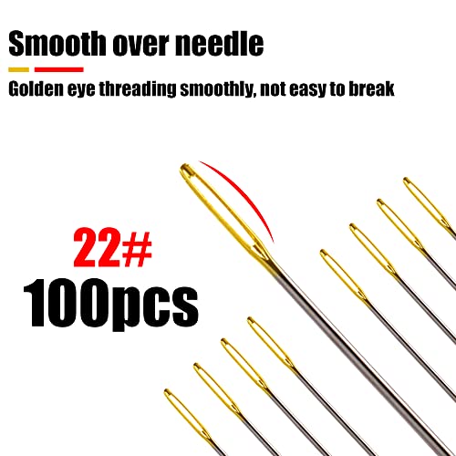 100pcs Cross Stitch Needles +2 Needle Threader Golden Color Large Eyes Cross Stitch DIY Embroidery Hand Needles Sewing Needles in Transparent Box (22#) - style: 22#