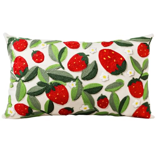 Embroidered Throw Pillow Cover, 20x12 Inch, Strawberry Leaves - color: Leaf Strawberry, size: 20" x 12" (Pack of 1)