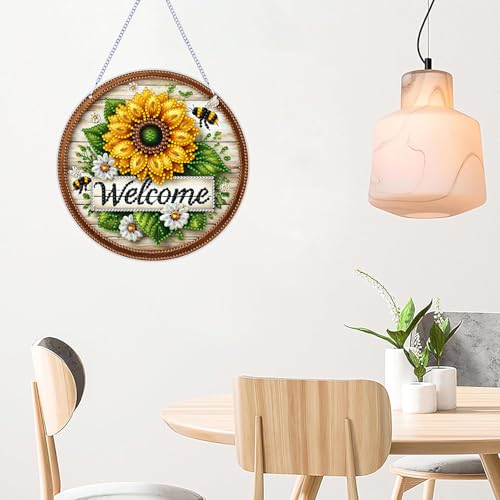 ARPADAMO Hanging Diamonds Art kit for Adult,DIY Sunflower Bee Pendant Diamonds Painting Art Kit, 7.0x7.0 inch Acrylic Diamonds Painting Board Kit Ornament, Special Crystal Diamond Hanging Ornament - color: DP02694