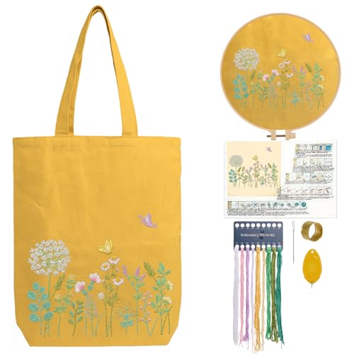 CREAWONDER Canvas Tote Bag Embroidery Kit with Pattern for Beginners, Arts and DIY Embroidery Crafts Kits for Adults, Include Instructions, Embroidery Hoops, Color Threads and Tool - color: CR002 banmeng yellow