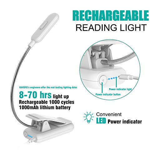 VAVOFO Clip On Rechargeable Reading Light, 7 LEDs with 3 Colortemperature 9 Brightness Levels Book Lights for Reading in Bed with Power Indicator for Bookworms Black (white1-Pack) - size: 1-Pack White