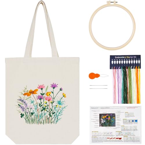 Embroidery Kit Canvas Tote Bag, Hand Embroidery Kit with Floral Pattern for Beginners, Cross Stitch Kits for Adults, Arts and DIY Crafts Kits, Embroidery Starter kit with Embroidery Bag and Tools - color: Beige Multi