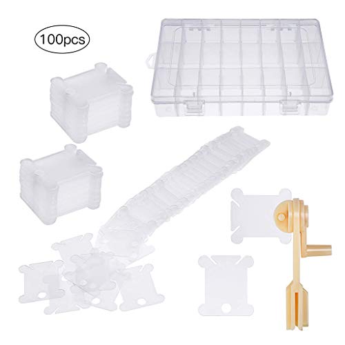 Embroidery Floss Organizer Box Tools with 100 Pcs Plastic Floss Bobbins 1 Bobbin Winder 1 Removable 24 Compartments Cross Stitch Embroidery Thread Storage Box for Craft DIY Sewing Storage Jewelry