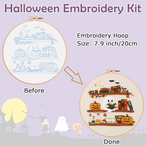 Nuberlic Halloween Ghost Reading Embroidery Kit for Beginners - color: HALLOWEEN