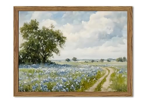 Framed Vintage Canvas Wall Art, Country Landscape Wildflower Field Wall Decor Paintings, Rustic Nature Pictures Prints Home Decor for Living Room Bedroom Bathroom Farmhouse 16x24 inch - color: Blue Wildflower, size: 24"L x 16"W