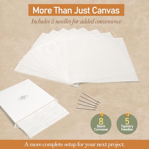 Kaitiaki 18 Mesh Needlepoint Canvas 8 x 8 Inch, 8 Pack 100% Cotton 18CT Blank White Sheets with 5 Needles, Boxed No-Fold Refill Pack for DIY Needlepoint Embroidery Crafts - color: White 18mesh-8x8 in