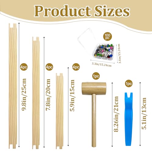 12 Pcs Needlepoint Stretcher Bars 3 Sizes Wooden Canvas Stretcher Bars with 100 Tacks, Remover Tool and Mini Wooden Hammer for Needlework Embroidery Oil Painting Posters Art Supplies - color: Natural-12pcs