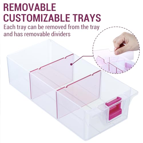 MyGift Stackable Single Tray Add-On for 11-Inch Clear Arts & Crafts Container, 9-Compartment Sewing Supplies Organizer with Removable Dividers for Craft Storage, Includes 3 Drawers - color: Clear & Pink (Add on Tray Only)