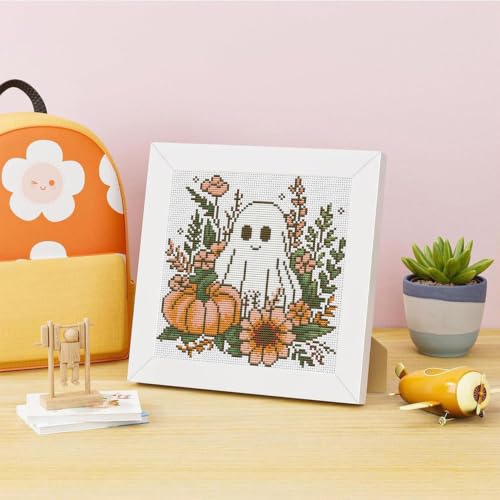 Ghost Flower Stamped Cross Stitch Kits for Adults Beginners with Frame - color: Ghost Pumpkin Cross Stitch with Frame