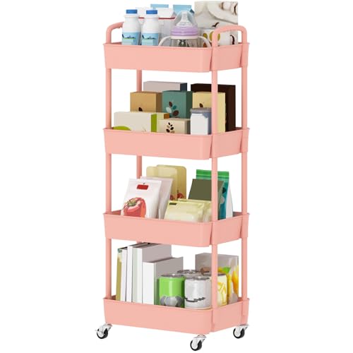 Sywhitta 4-Tier Plastic Rolling Utility Cart with Wheels for Storage, Pink - color: Pink, size: 4-tier