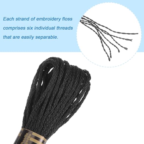 HARFINGTON 12 Skeins Embroidery Floss 8m Each Egyptian Long Fiber Cotton Cross Stitch Thread 26S/2x6 for Embroidery Projects Bracelet, Black - color: Black