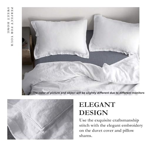 Simple&Opulence 100% Linen Duvet Cover Set with Embroidery Border Washed - 3 Pieces (1 Duvet Cover with 2 Pillow Shams) with Button Closure Soft Breathable Farmhouse - White, Full Size - color: White, size: Full