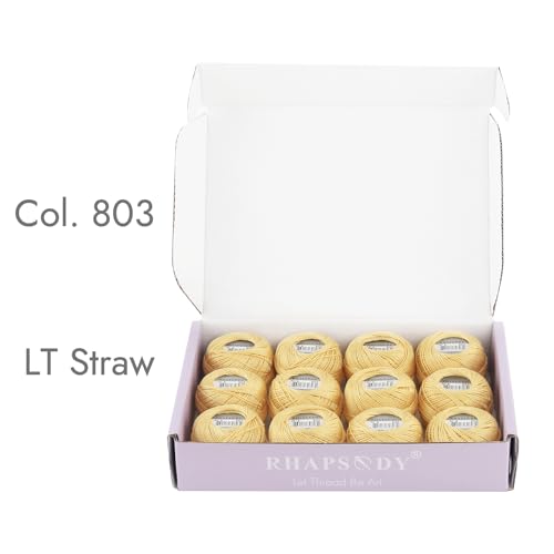 Rhapsody Pearl Cotton Size 8 Crochet Thread Perle 12 Balls Egyptian Cotton Mercerized Set Hand Knitting, Embroidery, Sashiko, Cross-Stitch, Sewing, Needlepoint, DIY, Quilting (LT Straw, Col. 803) - color: LT Straw, Col. 803