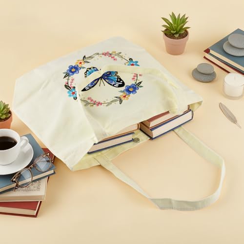 ERKOON Canvas Tote Bag Embroidery Kit for Beginners, Floral Arts Crafts Cross Stitch Kits for Adults Including Stamped Embroidery Bag with Hoops, Needle, Instruction and Color Threads (Butterfly) - color: Butterfly-White