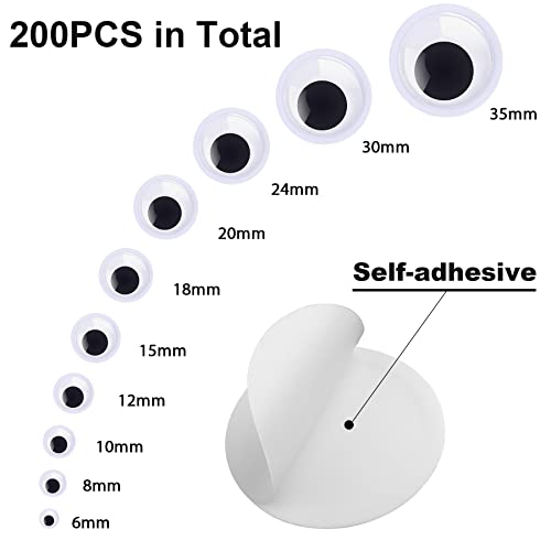 FEBSNOW 200Pcs 6mm-35mm Googly Wiggle Eyes Assorted Adhesive for Crafts - size: 6mm-35mm