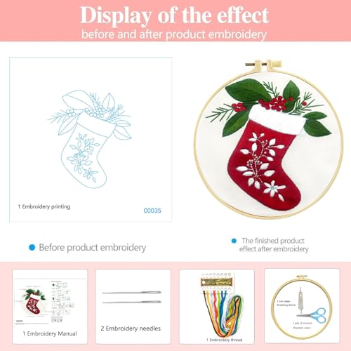 Zhenqing Christmas Stocking Embroidery Kit for Beginners, Red Stocking Needlework Kit with Pre-Printed Fabric, Hoop, Threads & Tools (C0035) - style: Classic Christmas Stocking