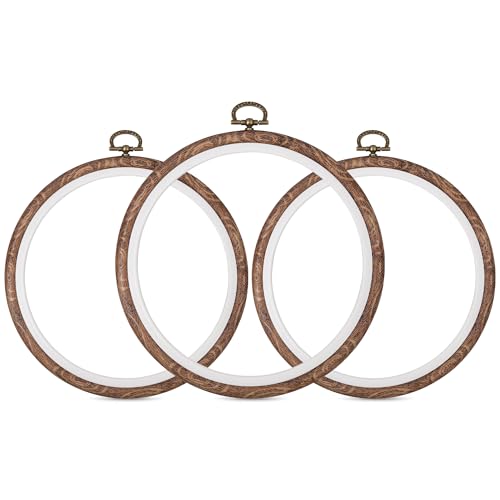 Dllxumm 3 Pcs 4 Inch Round Embroidery Hoops Display Frame, Circle Cross Stitch Hoop Ring Imitated Wood Embroidery Ornament for Craft Sewing Hanging DIY Halloween Christmas Gifts