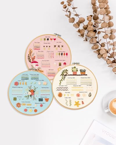 Santune 3 Sets Embroidery Kit for Beginners Adults,Learn Over 30 Different Stitches,DIY Cross Stitch Kits,Including Clear Instructions,Video Tutorials,Stamped Flower Patterns,Hoop,Color Threads,Tools - color: Simple Patterns