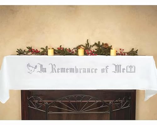 Large In Remembrance of Me Silver Thread Embroidery Altar Frontal Holy Communion Table Cloth Cover 96x52Inch White Rectangle Communion Table Cloth for Church for Gatherings Baptism Ceremonies(Silver) - color: Silver