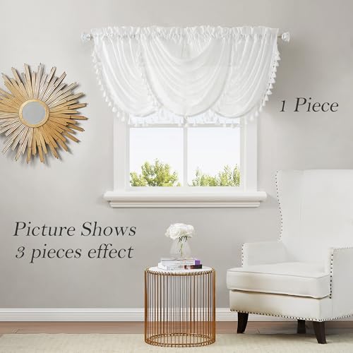 White Solid Waterfall Valance Curtain with Tassel Accessories, 56"x38"x1 - color: Snow White, size: 56"W x 38"L (Pack of 1)