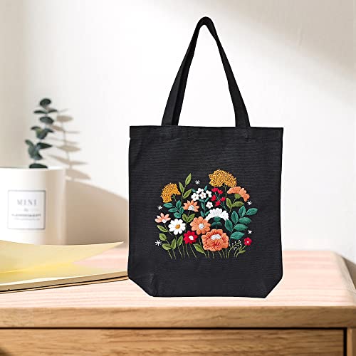 MAMUNU Canvas Tote Bag Embroidery Kit with Pattern for Beginners, Arts and DIY Crafts Kits for Adults, Include Instructions Embroidery Bag, Embroidery Hoops, Color Threads and Tool (Black) - color: Black