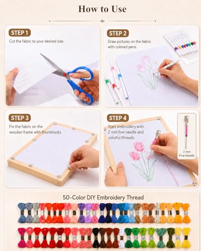 HAPPYER Needlepoint Stretcher Bars Kit, 12PCS Wooden Canvas Stretcher Bars Frame Set with Embroidery Kit, Cross Stitch Supplies, Fabric, Threads, Punch Needle Tools & Accessories for Needlework Craft - color: Light Wood Color