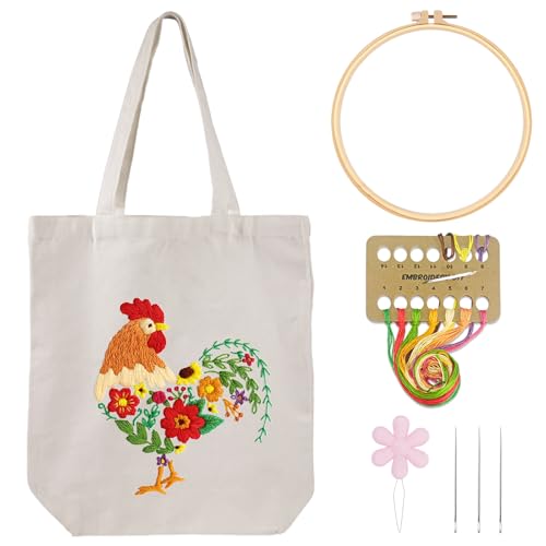 Louise Maelys Embroidery Kit Canvas Tote Bag for Beginners, Floral Rooster - color: rooster Flower