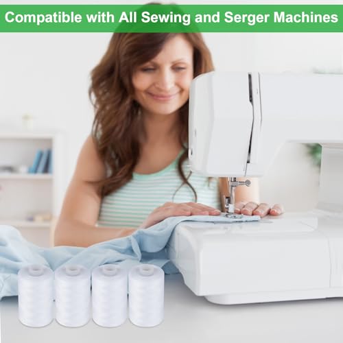 Simthread All Purpose Sewing Thread, 4 Spools Each 1000 Yards of Polyester Threads for Sewing Machine, Sewing Machine Supplies for Beginners, Hand Stitching, Quilting, Serger (4 White) - color: White