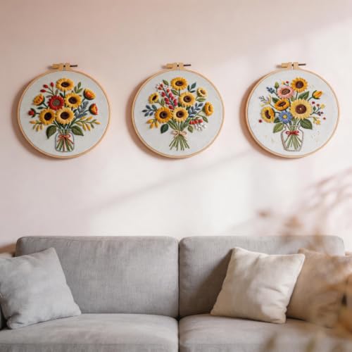 Herdiese Embroidery Kits for Beginners & Adults, 3 Sets Sunflower Patterns - color: Flower-D (3 Pack)