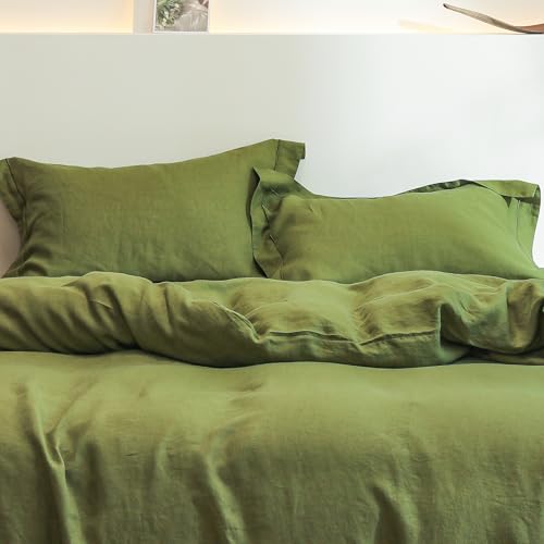 Simple&Opulence 100% French Linen Pillowcases with Embroidery – Pack of 2, Washed Solid Color Natural Flax, Soft & Breathable - Olive, 20'' x 26'' - color: Olive, size: Queen