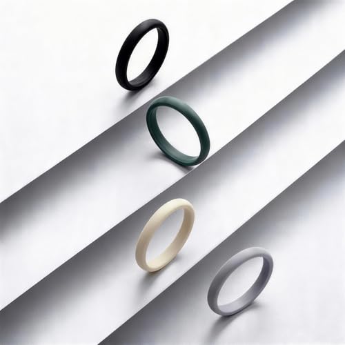 Egnaro Women's Silicone Wedding Ring 2.5mm Wide 1.8mm Thick Rubber Band Set - color: SETD4-Black, Green, Cream Beige, Cloudy Blue