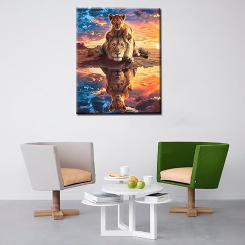 Paint by Numbers Kits for Adult DIY Reflection of Animals in Water Acrylic Pigment King of the Prairie Lion Canvas Oil Painting for Beginner Kids Home Wall Art Decor Gift 16''W x 20''H（Manual Frame） - color: Art-08, size: 16''Wx20''H(DIY Frame)