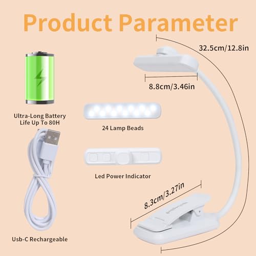 24 Led Rechargeable Book Light For Reading In Bed-Eye Caring 3 Color Temperatures,80 Hrs Runtime Lightweight Clip-On Lamp, Perfect For Kids, Book Lovers, And Student Gifts (White, Rotating) - color: White, size: Rotating