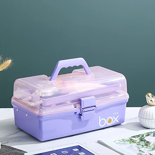 Kinsorcai 12'' Three-Layer Clear Plastic Storage Box/Tool Box, Multipurpose Organizer and Portable Handled Storage Case for Art Craft and Cosmetic (Purple) - color: purple, size: 1PCS