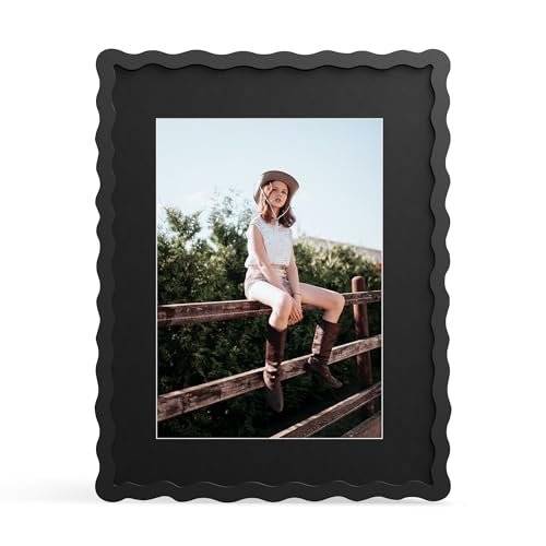 11x14 Picture Frame with Mat for 8x10, Wavy Edge Wooden Real Glass Photo Frame for Wall Hanging, Black, 1 Pack - color: Black, size: 11x14 in
