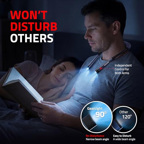 GearLight Rechargeable Book Light for Reading in Bed – Hands-Free LED Neck Light with 3 Light Modes, Adjustable Brightness, for Reading, Knitting, Crochet, Crafts, Sewing & Travel – 1 Pack - color: Gray, style: Hands-Free (1-Pack)