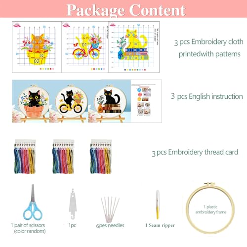 Zhenqing 3-Piece Black Cat Cross Stitch Kit for Beginners - Complete Set with Pre-Printed 11CT 24x24cm Fabric, Hoop, Threads & Tools (3 Adorable Cat Designs)(70403) - color: 70403