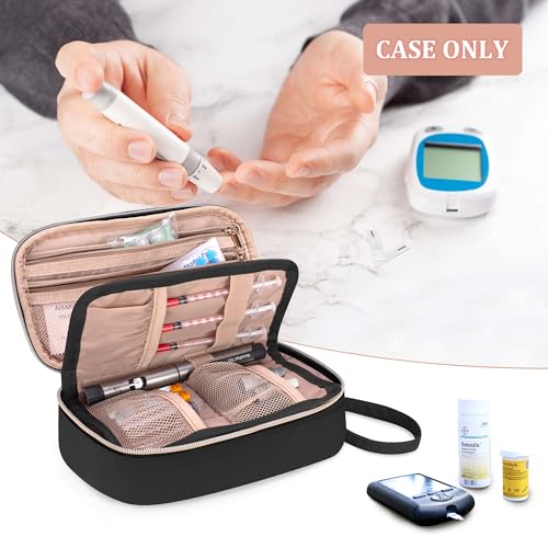 Yarwo Diabetic Travel Case for Blood Glucose Monitor, Test Strips, Syringes - color: Black