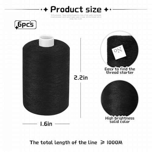 Black Thread for Sewing, 6 Spools of 1000 Yards Polyester Quilting Thread - color: Black
