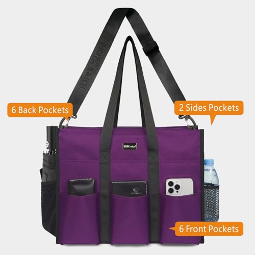 TOPDesign Utility Water Resistant Tote Bag with 22 Pockets, Zipper Closure - color: Purple, size: Medium