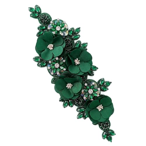Handmade 3D Flower Embroidery Applique Rhinestone Lace Patch, Hunter Green - color: Hunter Green