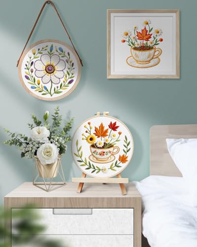 TINDTOP Embroidery Kit for Adult, 3 Pack Embroidery DIY Starter Kit, with Stamped Patterns, Hoop, Tools, Colorful Threads with Needles, Instructions (Flower Cup) - color: Flower Cup
