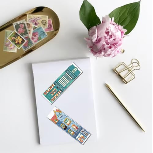 FREEBLOSS 6 Set Cross Stitch Bookmark Kits 11CT 8"x2.4" Street View - style: Bookstore house