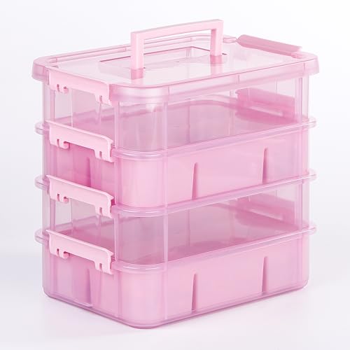 CraftGenes Art Supply Storage Organizer, 4-Tier 10 Qt Box, 2 Trays, Pink - color: Pink
