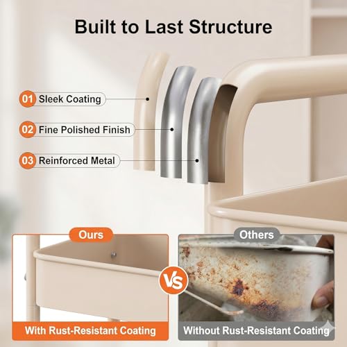 2 Tier Small Rolling Cart Metal with Wheels, 22 Inch Beige Under Desk Carts - color: Gentle‌ Beige, size: 2 Tier + Cups + Hooks
