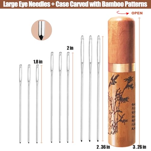 Large Eye Blunt Needles, Stainless Steel Tapestry Needle, Yarn Knitting Needles, Darning Needle with Wooden Needle Case Carving Pattern - style: Art Deco
