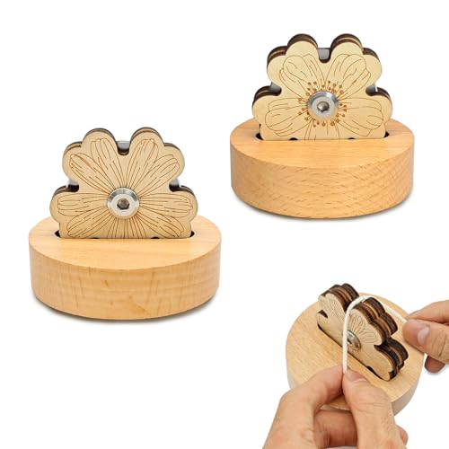 Thread Cutter for Sewing and Quilting, 2-Piece Floral Wood Cutter with Non-Slip Bases and 45mm Rotary Blades for Chain Piecing, Daisy and Peach Blossom