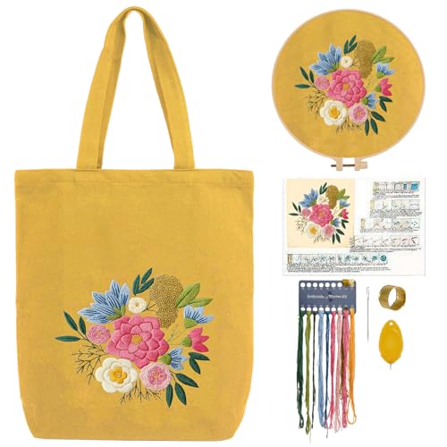 CREAWONDER Canvas Tote Bag Embroidery Kit with Pattern for Beginners, Arts and DIY Embroidery Crafts Kits for Adults, Include Instructions, Embroidery Hoops, Color Threads and Tool - color: CR002 qingqingziyan yellow