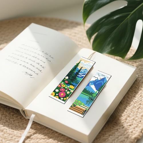 FREEBLOSS 6 Set Cross Stitch Bookmarks Kit Mountains&Rivers Stamped Cross Stitch Kit DIY Embroidery Bookmark Set with Instruction for Adults Beginners Gift for Reading Enthusiasts 8 * 2.4inch 11CT - style: Mountains&Rivers